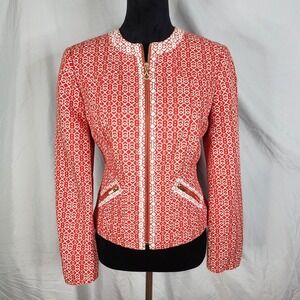 JONES NEW YORK Size Large Red‎ White Jacquard 100% Cotton Full Zip Blazer Jacket